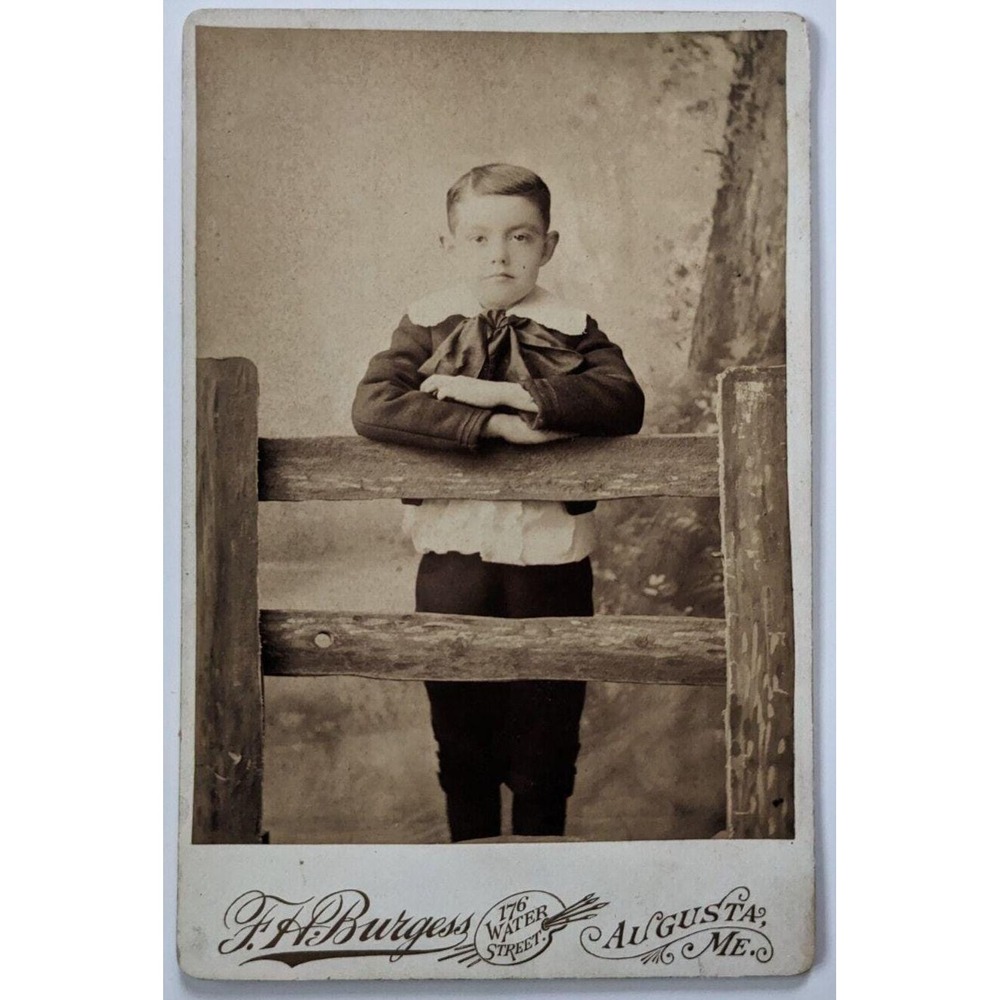 Antique Cabinet Card Young Boy Studio Portrait F.H. Burgess Augusta Maine c1890s